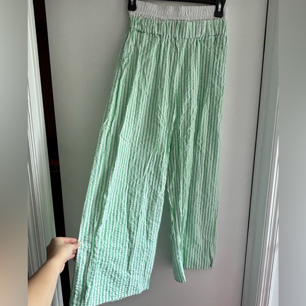 Green Seersucker material Striped Pants